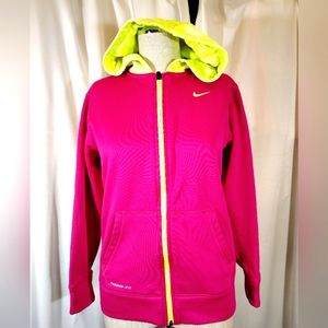 Nike Girls Hoodie, Therma Fit, Pink With Yellow Hood+Zipper, Pockets, Logo, L